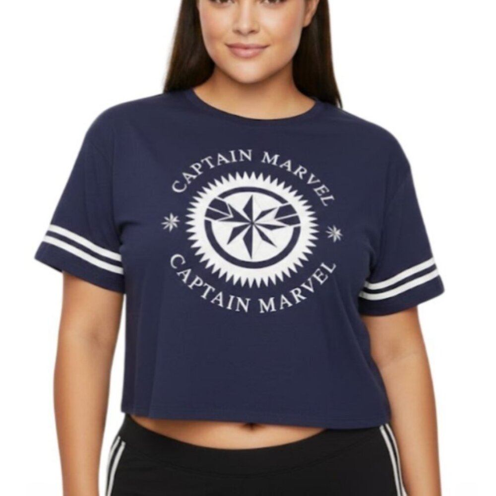 Mad Engine Marvel Captain Marvel Women Plus Size Navy Athletic Crop T-Shirt(2X)